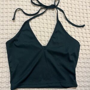 SHEIN Green Ribbed Halter Crop Top